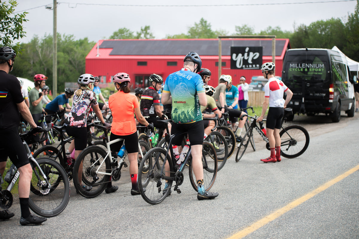 Riders rolling out from Yip Cider
