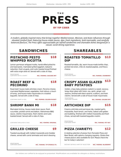 The Press by Yip Cider menu
